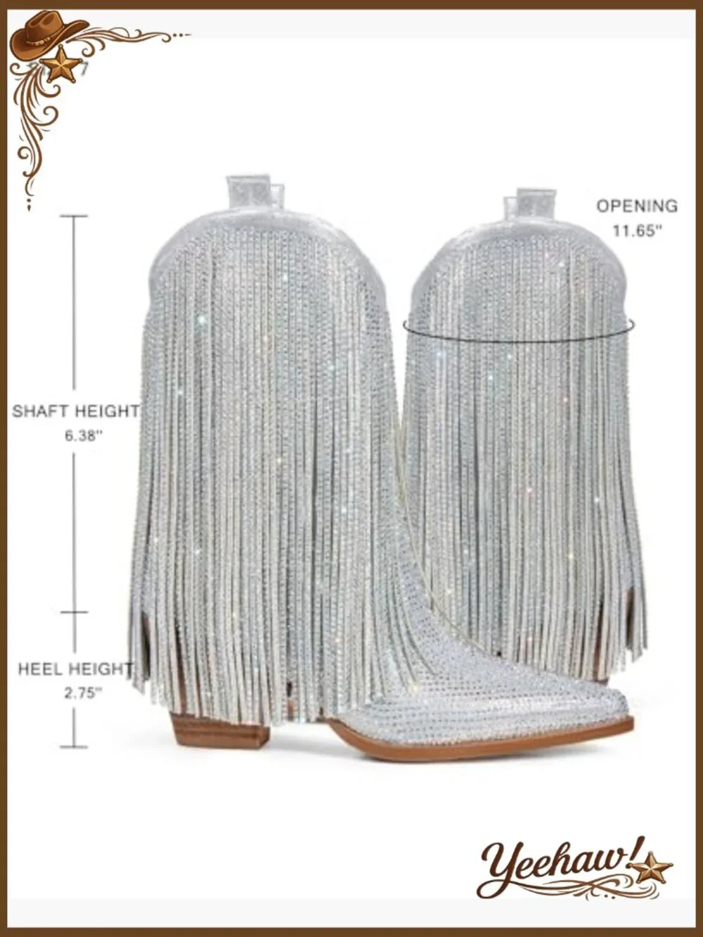 Pointed Toe Western Boots with Rhinestones and Fringe, Chunky Heel - Picture 4 of 6